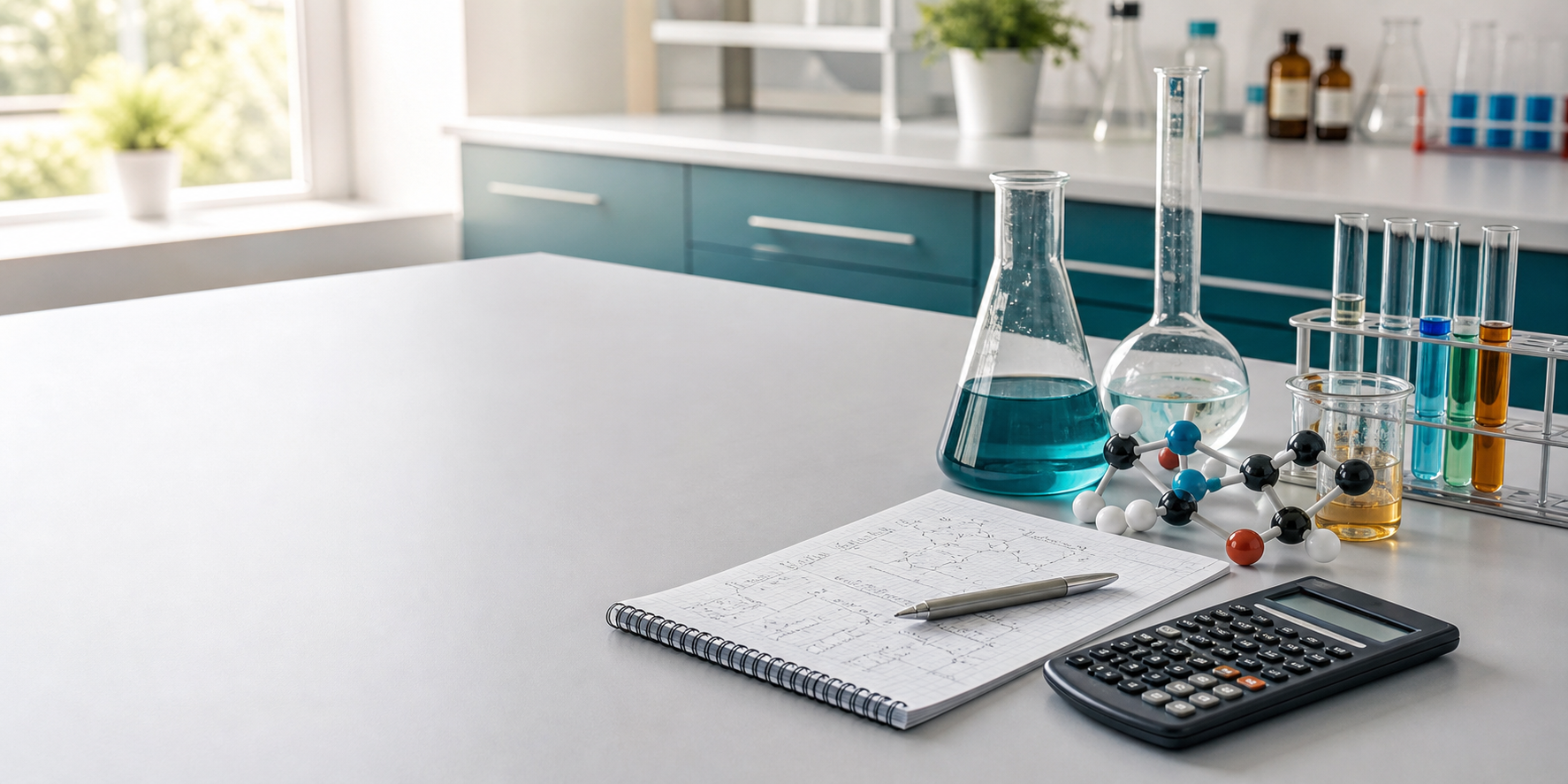 Chemistry lab desk with glassware, molecular models, notebook, and calculator.